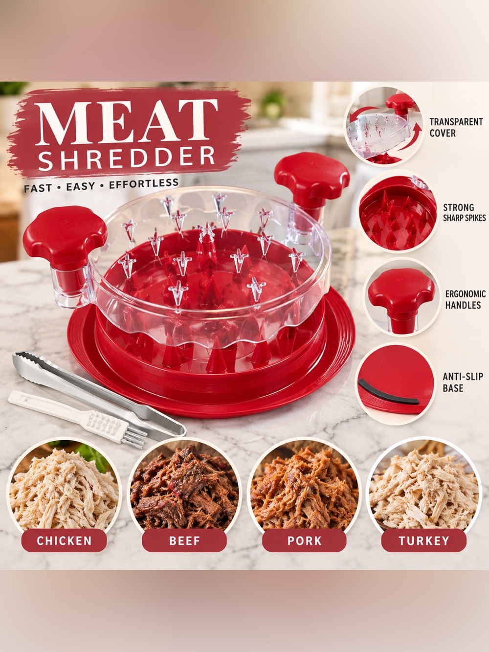 Meat Shredder Pull Apart Tool Set with Accessories – Red